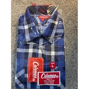 Vintage Coleman Men's L Blue Plaid 100% Cotton Preshrunk Long Tail Flannel Shirt